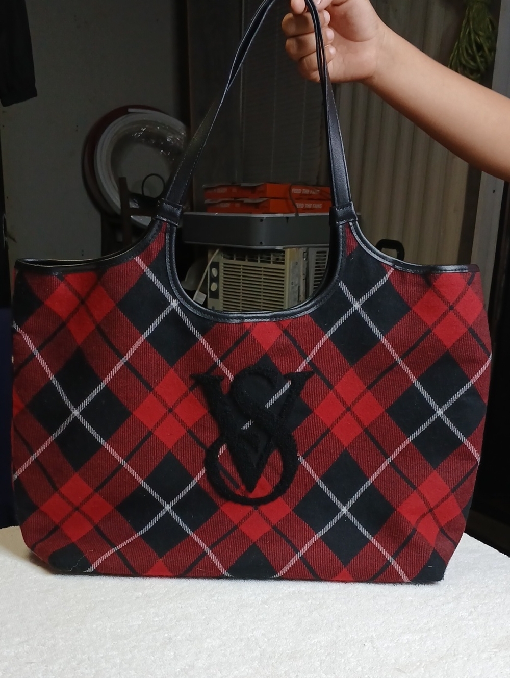 Victoria's Secret Red and Black Plaid Tote with Embroidered Logo